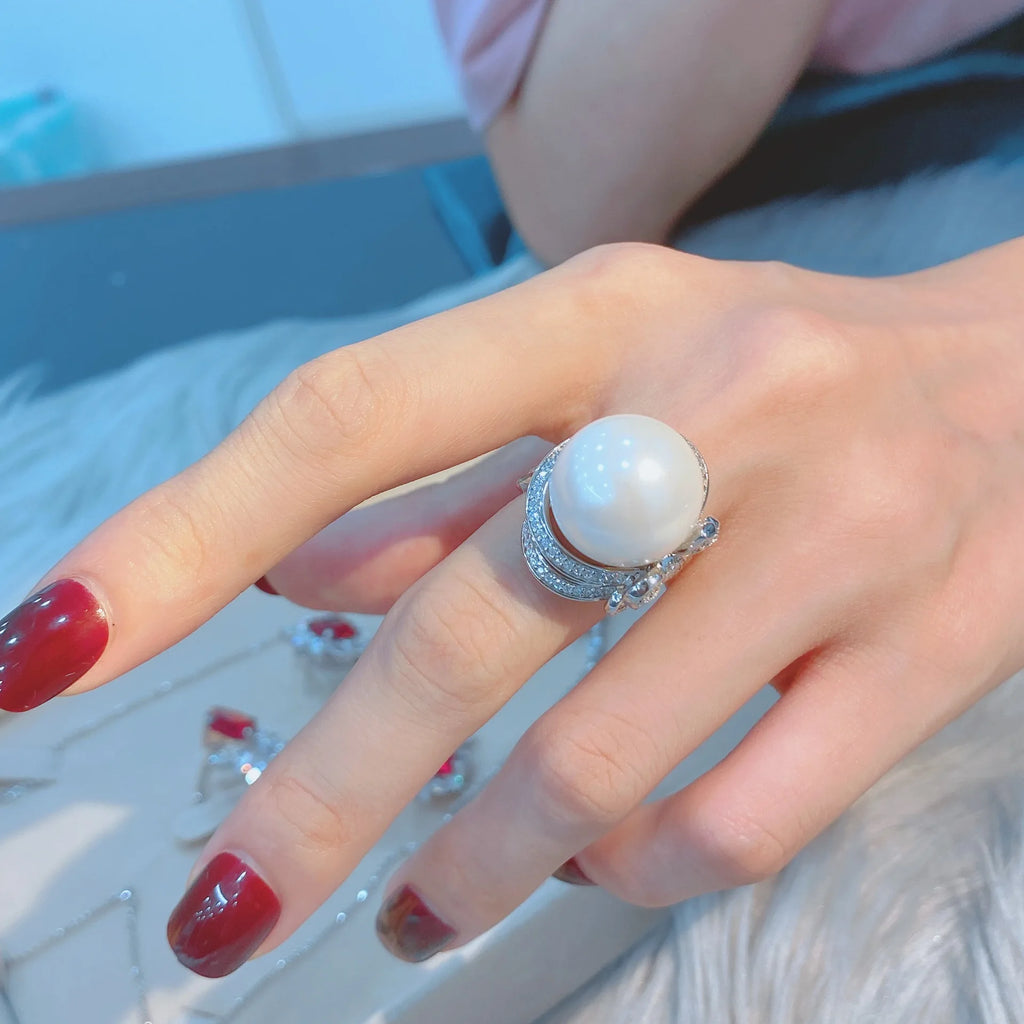 Bowknot 16mm Pearl Diamond cz Ring 100% Original 925 sterling silver Engagement Wedding band Rings for Women Party Jewelry