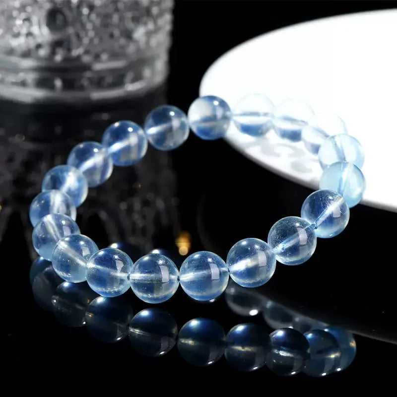 7A Natural Ice-Clear Aquamarine Beaded Bracelet - Minimalist Crystal Jewelry for Women