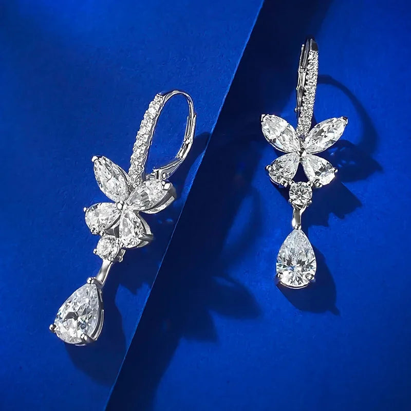 Flower Water Drop Moissanite Diamond Dangle Earring 100% Real 925 Sterling Silver Wedding Drop Earrings for Women Bridal Jewelry