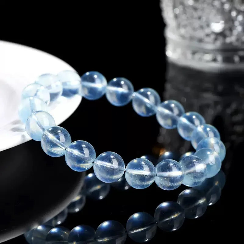 7A Natural Ice-Clear Aquamarine Beaded Bracelet - Minimalist Crystal Jewelry for Women