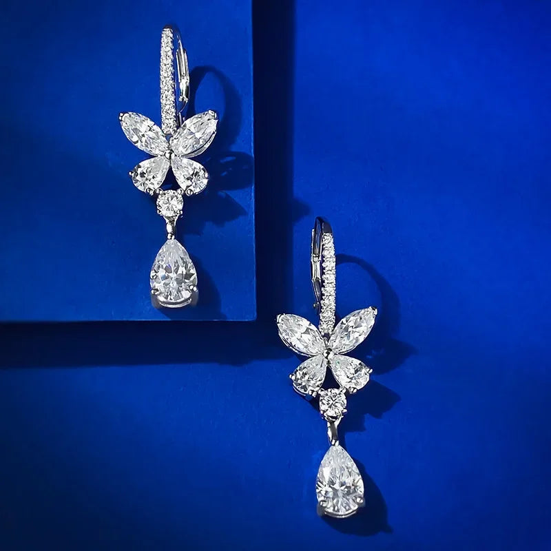 Flower Water Drop Moissanite Diamond Dangle Earring 100% Real 925 Sterling Silver Wedding Drop Earrings for Women Bridal Jewelry