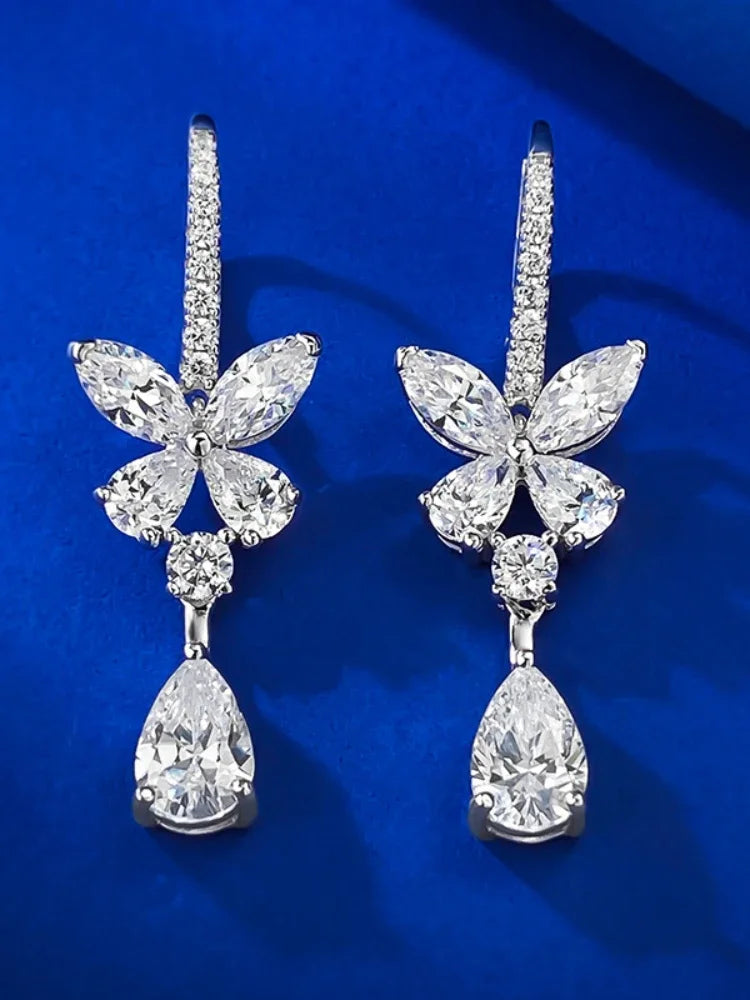 Flower Water Drop Moissanite Diamond Dangle Earring 100% Real 925 Sterling Silver Wedding Drop Earrings for Women Bridal Jewelry