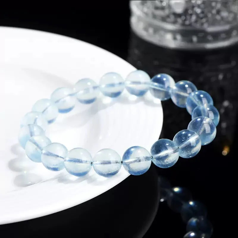 7A Natural Ice-Clear Aquamarine Beaded Bracelet - Minimalist Crystal Jewelry for Women